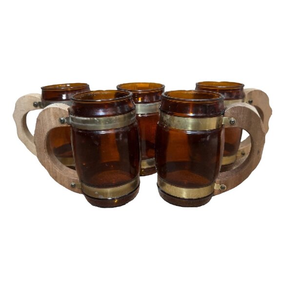 Vintage 1960s Siesta Ware Amber Glass Barrel Mugs Set Of 5 With Wooden Handles & - Picture 2 of 10